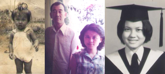 （左）孩提時代在新店的老家；（中）在父親面前，Carmen 永遠必恭必敬；（右）在銘傳大學的畢業照，之後考入中國文化大學。