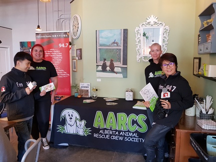 Fairchild Radio Calgary set up a booth in a local cafe to raise the awareness of an animal rescue organization.