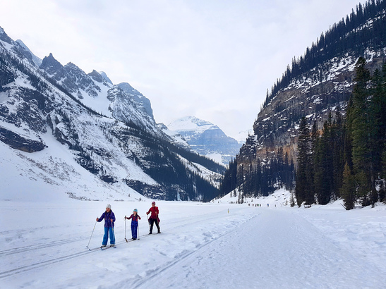 冰封後的 Lake Louise 化身成巨大的溜冰及越野滑雪場。