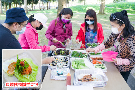 精選美食推介: 炭燒豬頸肉生菜包，豬頸肉肉嫩多汁，配以爽脆的青瓜絲、胡蘿蔔絲和生菜葉，焦香又清爽，口感令人驚艷。