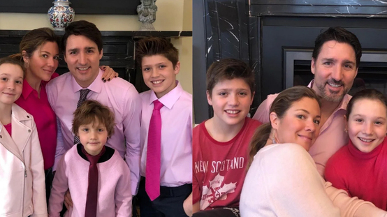 加拿大總理 Justin Trudeau 於 2021 年加拿大粉红衫日，在網上上載全家福照片，宣揚反對仇恨的信息。