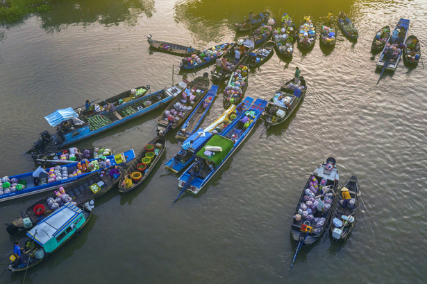 早晨的湄公河，水上市集熱鬧繽紛。